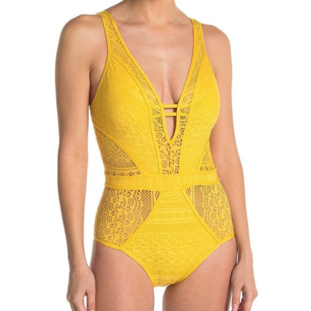 BECCA plunge neck lace open tie back one pice swimsuit FINAL PRICE NO OFFERS